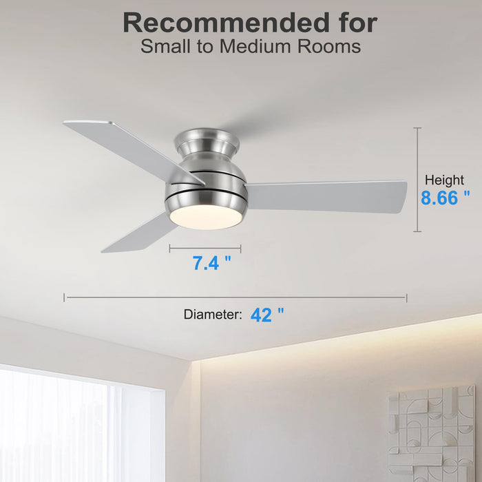 POCHFAN 42 Inch Ceiling Fans with Lights, Low Profile Ceiling Fan with Remote, Quiet Motor, Dimmable 6 Speeds Reversible LED Flush Mount Modern Ceiling Fan for Bedroom, Living Room, Brushed Nickel