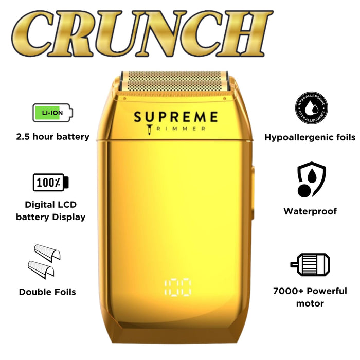 Supreme Trimmer Crunch Mens Foil Shaver STF602 (150 Minute Run Time) Men's Electric Razor | Waterproof Shaver for Short Hair or Stubble, Barber Use | Gold