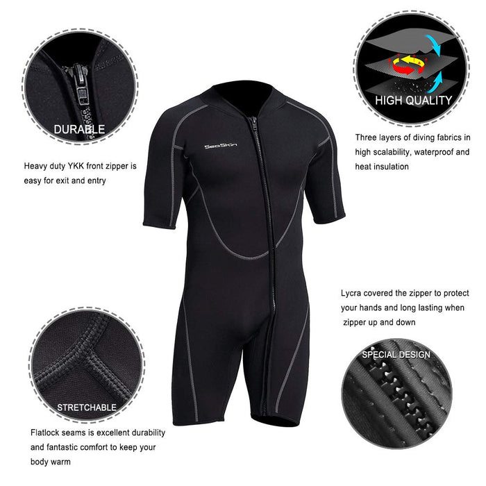 Seaskin Mens 3mm Shorty Wetsuit Womens, Full Body Diving Suit Front Zip Wetsuit for Diving Snorkeling Surfing Swimming