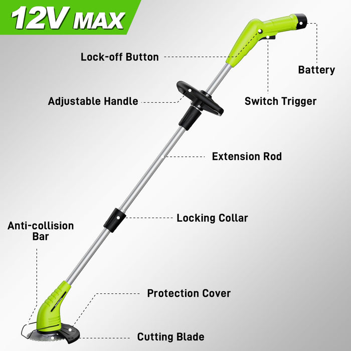 GardenJoy Weed Wacker Battery Operated: 12V Cordless Grass Trimmer with 2.0Ah Battery, Fast Charger and 3 Types Cutting Blade, Portable Electric Lawn Trimmer for Garden Yard Weeding Work