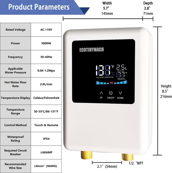 ECOTINYMACH Tankless Water Heater Electric 110V, 5000W Instant Water Heater Under Sink, Conversion Between Fahrenheit and Celsius, Remote Control, White