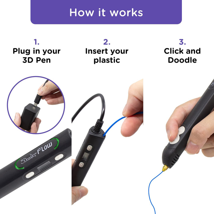 3Doodler Flow 3D Printing Pen for Teens, Adults & Creators! - Black - with Free Refill Filaments + Stencil Book + Getting Started Guide