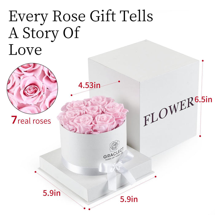 Graclect 7-Piece Preserved Roses in a Box for Delivery Prime - Forever Flowers - Immortal Roses Birthday Gifts for Her - Christmas Valentines Day Gifts for for Mom/Girlfriend/Wife/Grandma - Pink