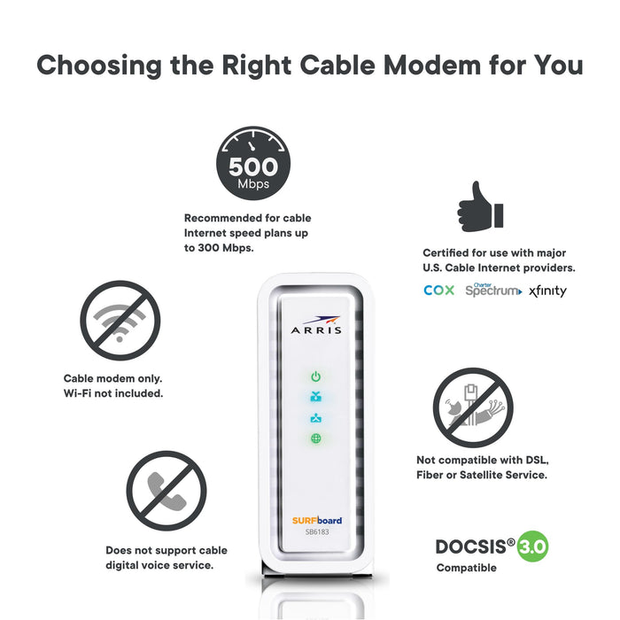 ARRIS SURFboard SB6183 DOCSIS 3.0 16x4 Gigabit Cable Modem, Comcast Xfinity, Cox, Spectrum and more, 1 Gbps Port, 400 Mbps Max Internet Speed, Easy Set-up with SURFboard Central App 2 Year Warranty