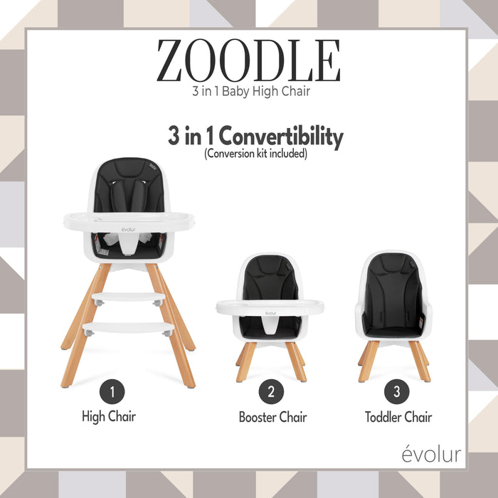 Evolur Zoodle 2 in 1 Convertible Baby High Chair in Black, Easy to Clean, Adjustable and Removable Tray, Compact and Portable High Chair, Foldable High Chair with Adjustable Footrest