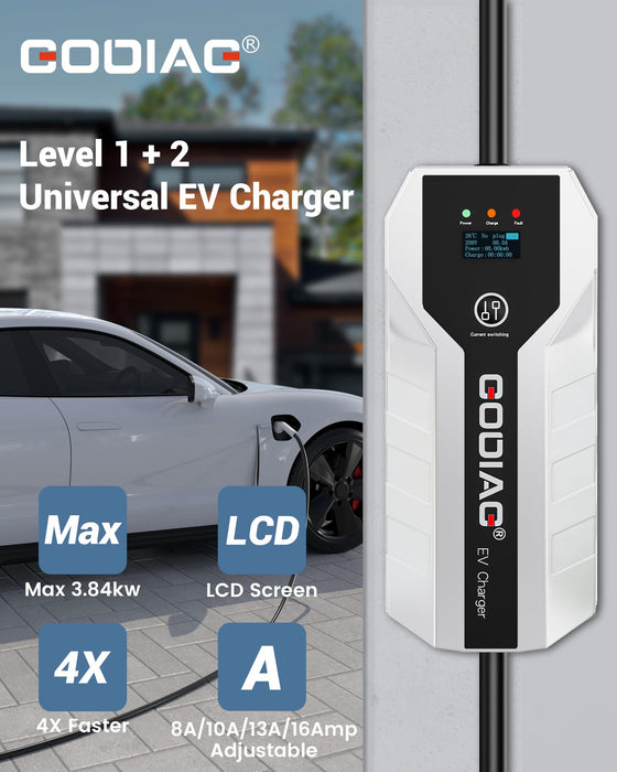 GODIAG Level 1+2 EV Charger - ETL Certified, 110V-240V, 16 Amp, 20ft Cable, Portable Electric Car Charger with NEMA 6-20 & NEMA 5-15 Plug for J1772 EVs and PHEVs