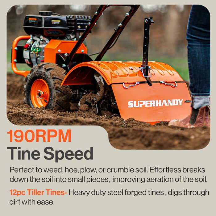 SuperHandy Rear Tine Tiller - 7HP Engine, 16" Width & 12" Depth Cultivator - Garden Soil Prep for Planting & Vegetable Beds