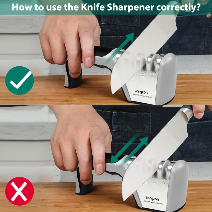 Longzon 4-in-1 Knife Sharpener [4 stage] with a Pair of Cut-Resistant Glove, Original Premium Polish Blades, Best Kitchen Knife Sharpener Really Works for Fruit Knife and Steel Knives, Scissors.