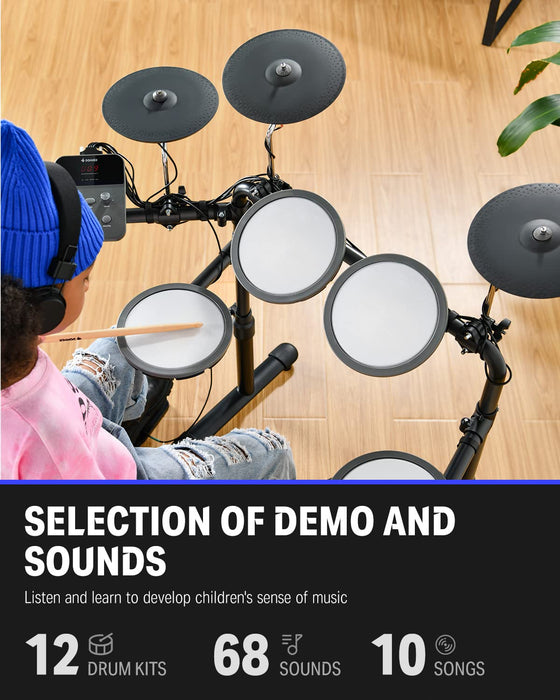 Donner DED-70 Electric Drum Set with 4 Quiet Mesh Drum Pads, 2 Switch Pedal, Portable and Solid Drum Set with Type-C Charging, 68+ Sounds, Throne, Headphones, Sticks, Melodics Lessons