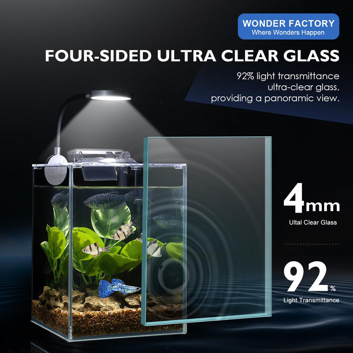 Wonderfactory 1.5 Gallon Aquarium Fish Tank with HOB Filter and Light, Self Cleaning Betta Fish Tank, Complete Desktop Aquarium Starter Kit, Small Fish Tank for Beginners and Aquarium Hobbyists