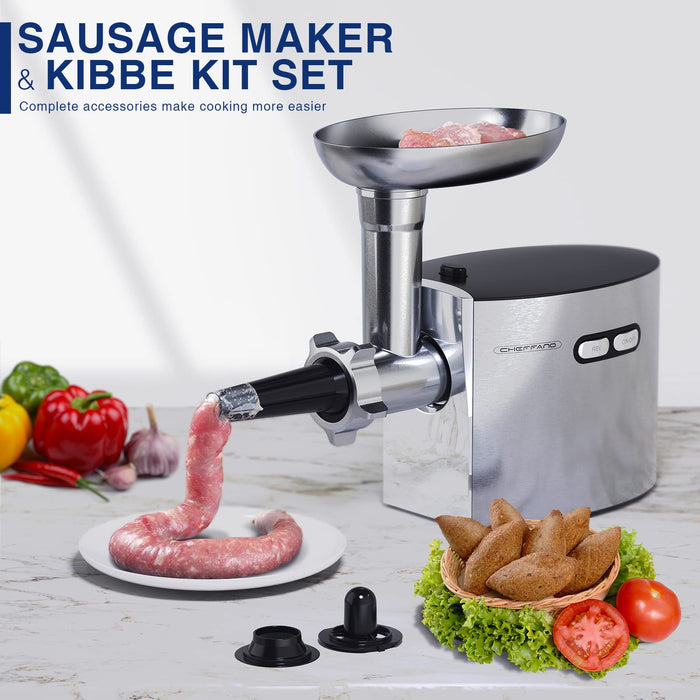 CHEFFANO Meat Grinder, 2600W Max Stainless Steel Meat Grinder Electric, ETL Approved Heavy Duty Meat Mincer Machine with 2 Blades, 3 Plates, Sausage Stuffer Tube & Kubbe Kit for Home Kitchen Use