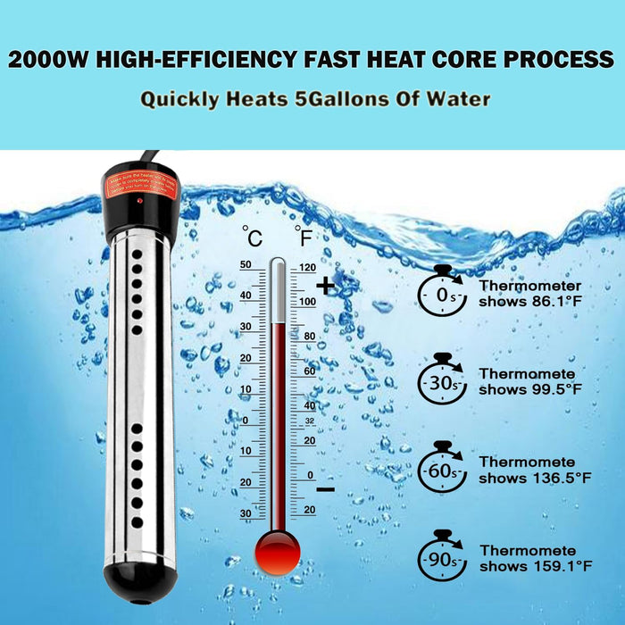 Laboomkey 2000W Immersion Water Heater,Portable Bucket Heater with Digital LCD Thermometer, Stainless Steel Guard Anti-scalding Submersible Water Heater for Pool Bathtub,UL Listed