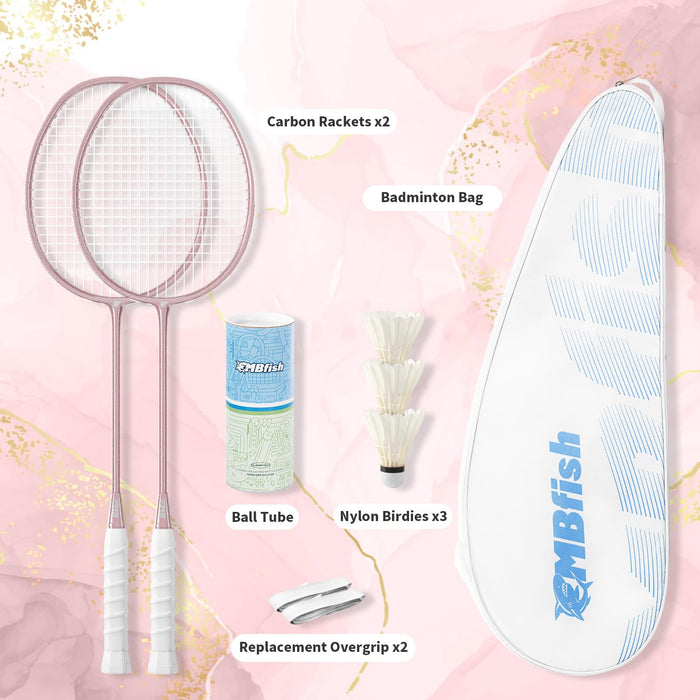 MBFISH Badminton Racket Set with 2 Carbon Fiber Rackets, 3 Shuttlecocks, 2 Replacement Racket Grip Tapes and 1 Badminton Bag - Perfect for Beginners & Outdoor Games (Rose Gold)