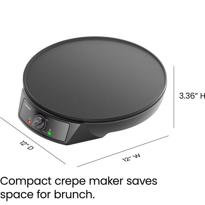 CHEFMAN Electric Crepe Maker: Precise Temp Control, 12" Non-Stick Griddle, Perfect for Crepes, Tortillas, Blintzes, Pancakes, Waffles, Eggs, Bacon, Batter Spreader & Spatula Included, Black