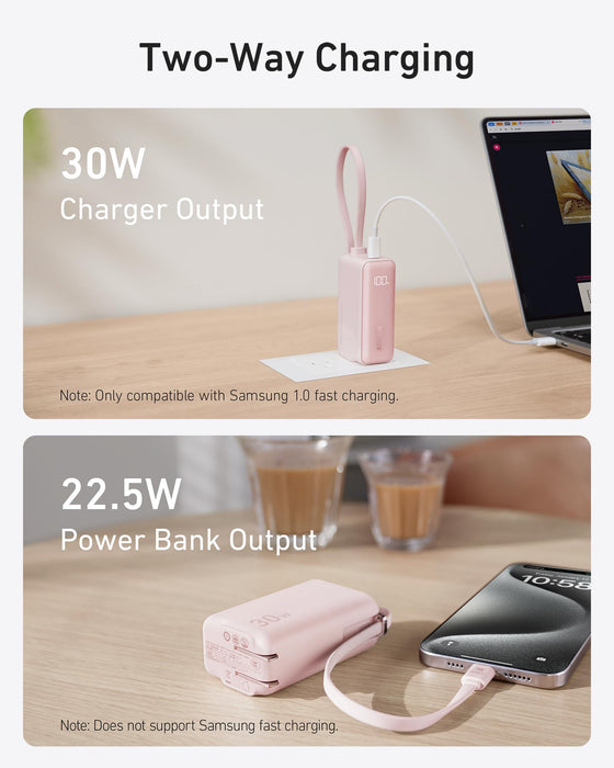 Anker Power Bank USB C Charger Block, 3-in-1 5,000mAh Portable Charger with Built-in USB-C Cable and Foldable AC Plug, 30W Max Compact Battery Pack, for iPhone 15 Series, Galaxy, MacBook, and More