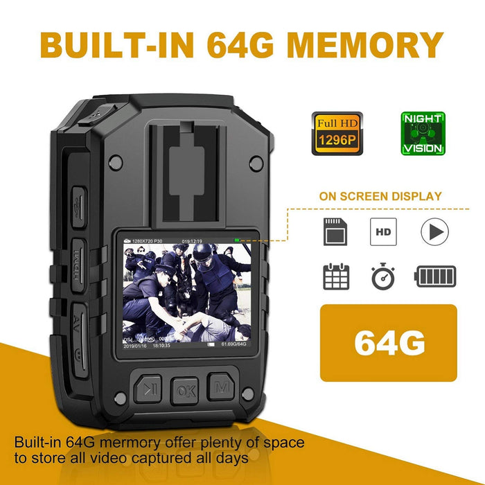 1296P HD Police Body Camera,64G Memory,CammPro I826 Premium Portable Body Camera,Waterproof Body-Worn Camera,Night Vision,GPS for Law Enforcement Recorder,Security Guards,Personal Use1