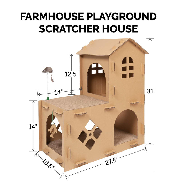 Furhaven Multi-Level Cardboard Cat House w/ Catnip for Indoor Cats, Ft. Scratching Pads & Toys - Farmhouse Corrugated Cat Scratcher Hideout - Cardboard Brown, One Size