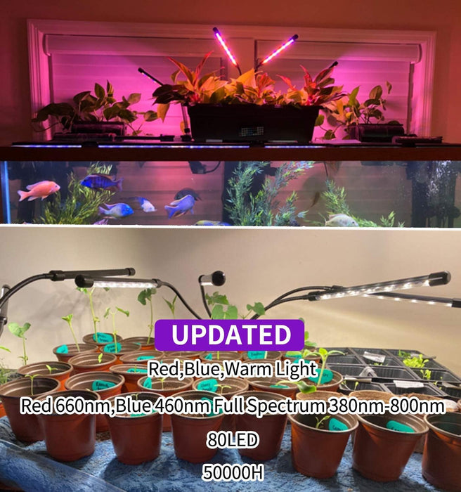 LEOTER Grow Light for Indoor Plants - Upgraded Version 80 LED Lamps with Full Spectrum & Red Blue Spectrum, 3/9/12H Timer, 10 Dimmable Level, Adjustable Gooseneck,3 Switch Modes