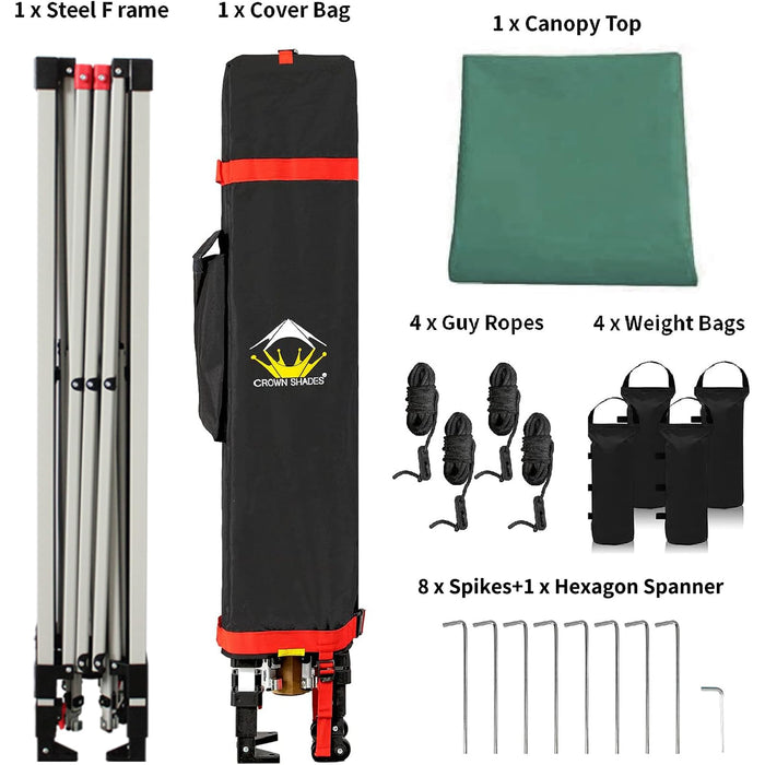 Crown Shades 10x10 Pop up Canopy Tent, Patented One Push Pop Up Tent with Wheeled Carry Bag, Bonus 8 Stakes and 4 Ropes, Forest Green