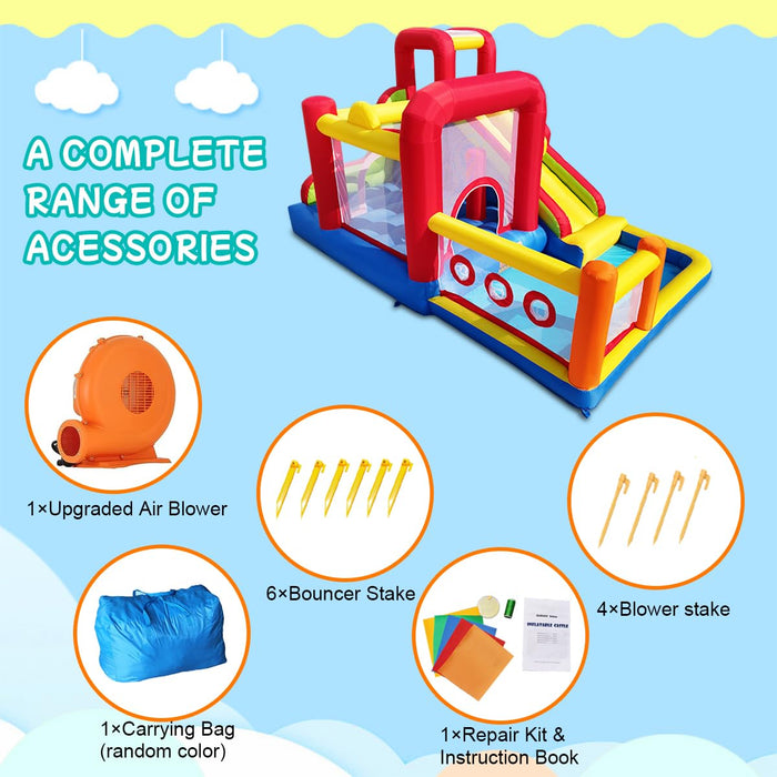 Hongcoral Bounce House, Inflatable Bounce Castle with Blower for Kids, Blow Up Jumping Bouncer with Slide, Climbing Wall, Obstacles, Trampoline, Ball Pit Pool for Indoor Outdoor