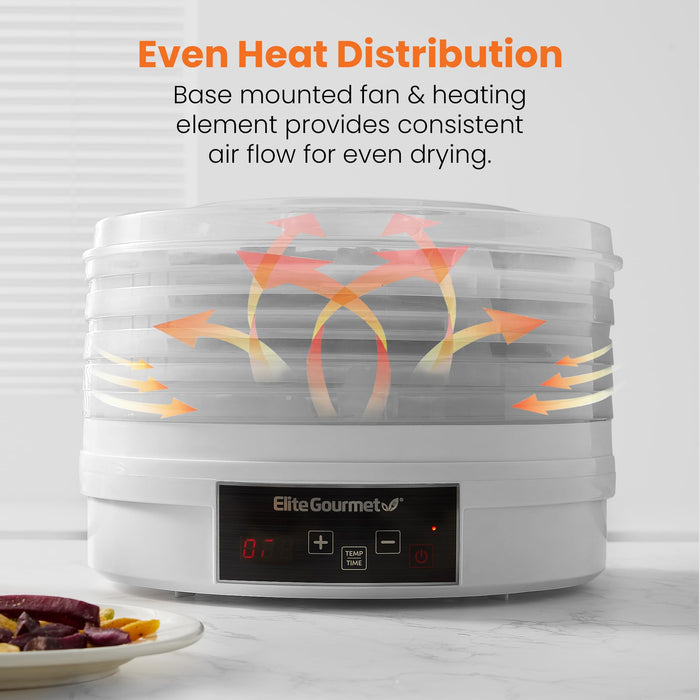 Elite Gourmet EFD770WD Digital Food Dehydrator with 5x12.5” BPA Free Trays, Adjustable 48-hr Timer and Temperature from 95~158F, Jerky, Herbs, Fruit, Veggies, Dried Snacks, White