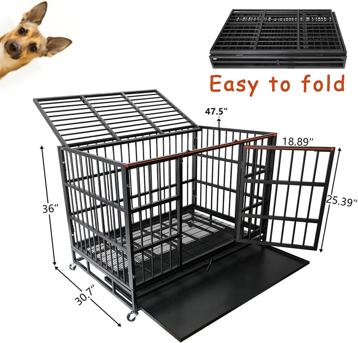 WOKEEN 48/38 Inch Heavy Duty Dog Crate Cage Kennel with Wheels, High Anxiety Indestructible, Sturdy Locks Design, Double Door and Removable Tray, Extra Large XL XXL