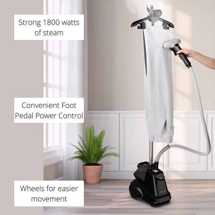 SALAV® Heavy Duty Commercial Full-Size Garment Steamer with Foot Pedals and Extra Large 3L (101.5 oz) Water Tank, 1800 watts, 90+min of Continuous Steam (Navy)