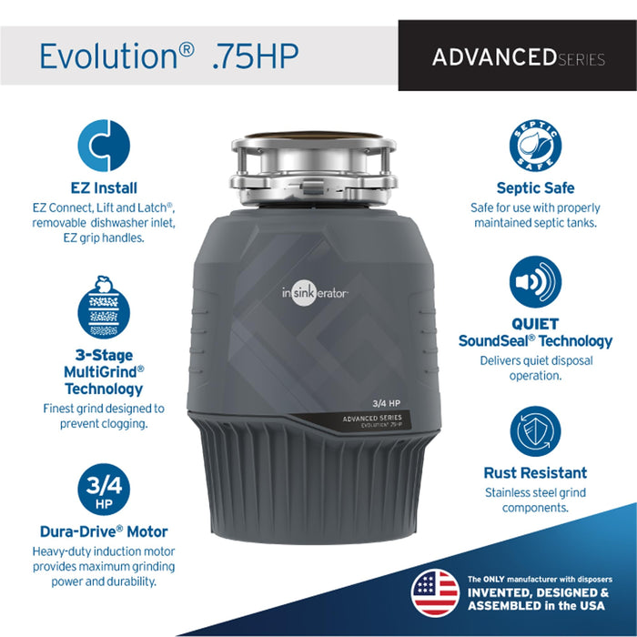 InSinkErator EVOLUTION 0.75HP 3/4 HP, Advanced Series EZ Connect Continuous Feed Food Waste Garbage Disposal, Gray