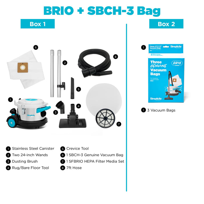 Simplicity Vacuums Brio Dry Canister Vacuum and Vacuum Bag Set Bundle, Heavy Duty Vacuum Cleaner for Hardwood and Tile, Rugs and More with Extra Vacuum Bag Set