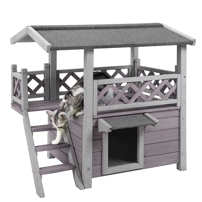 Cat House with Door for Feral Cats, Rainproof Outside Kitty House, 2 Story Wooden Kitten Condo with Stairs (AIR09-BS)