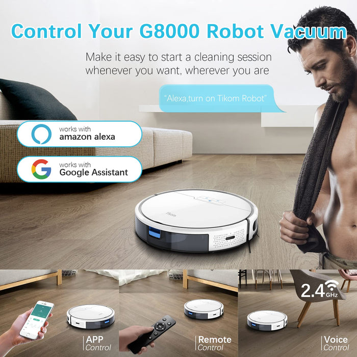 Tikom Robot Vacuum and Mop, G8000 Robot Vacuum Cleaner, 2700Pa Strong Suction, Self-Charging, Good for Hard Floors, White