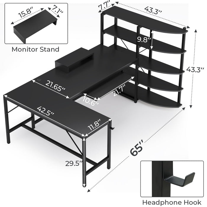 SEDETA L Shaped Gaming Desk, 65'' Corner Gaming Desk, Computer Desk with Storage Shelves, Keyboard Tray, Monitor Stand and Headphone Hook, LED Lights, Black