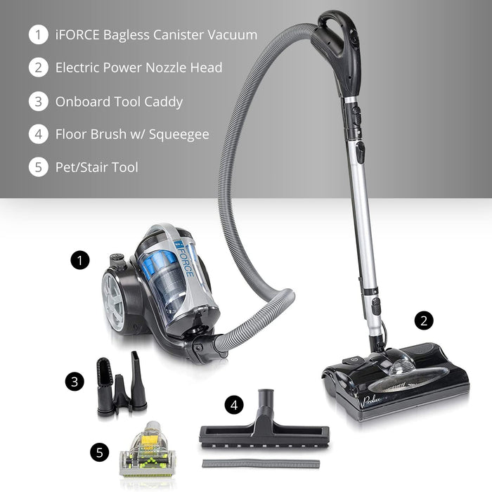 Prolux iFORCE Light Weight Bagless Canister Vacuum Cleaner, HEPA Filtration, Power Nozzle