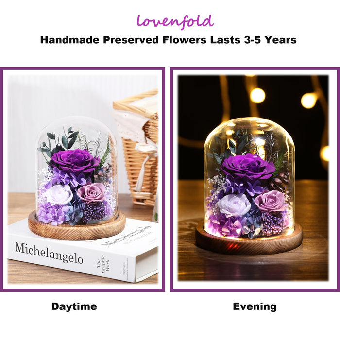 lovenfold Flowers for Delivery Prime Preserved Rose Gifts for Women,Long-Lasting Real Flowers in Glass Dome,Valentine Day Mothers Day Birthday Gifts for Women Mom Friend(Purple Rose)