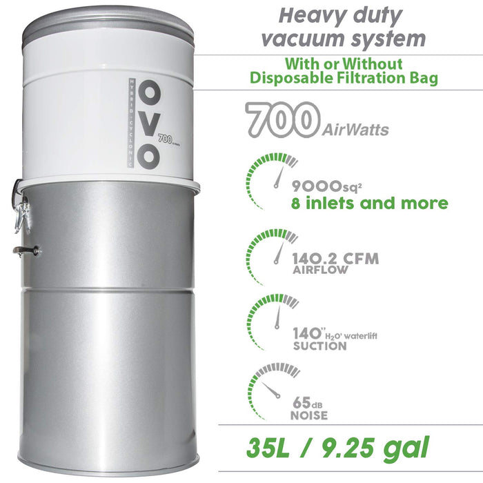 OVO Heavy Duty Powerful Central Vacuum System, Filtration (with or Without Disposable Bags) 35L or 9.25Gal, 700 Air watts, Large Hybrid Vac, White & Silver