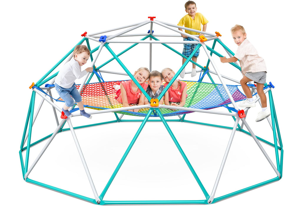 Hapfan Climbing Dome with Climbing Cargo Net, 10ft Dome Jungle Gym with Hammock for Kids Outdoor Playset Monkey Bars Backyard