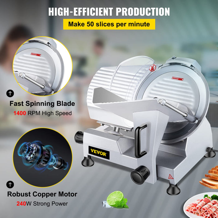 VEVOR Commercial Meat Slicer, 10 inch Electric Food Slicer, 240W Frozen Meat Deli Slicer, Premium Chromium-plated Steel Blade Semi-Auto Meat Slicer For Commercial and Home use (10IN-240W)