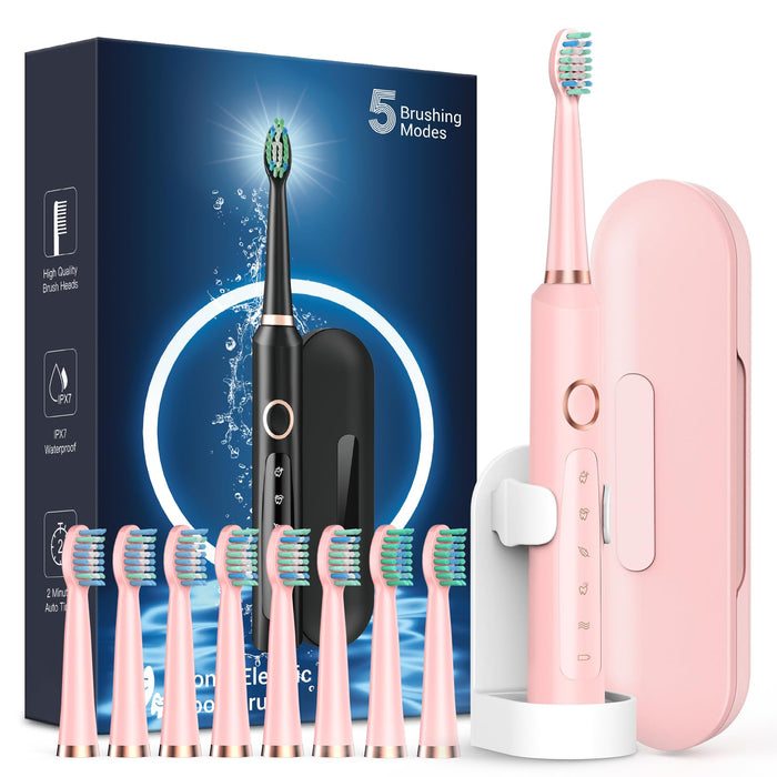 Rtauys M5 Sonic Electric Toothbrush for Adults - Rechargeable Electric Toothbrush with 8 Brush Heads & Travel Case, Power Electric Toothbrush with Holder, 3 Hours Charge for 120 Days - Pink