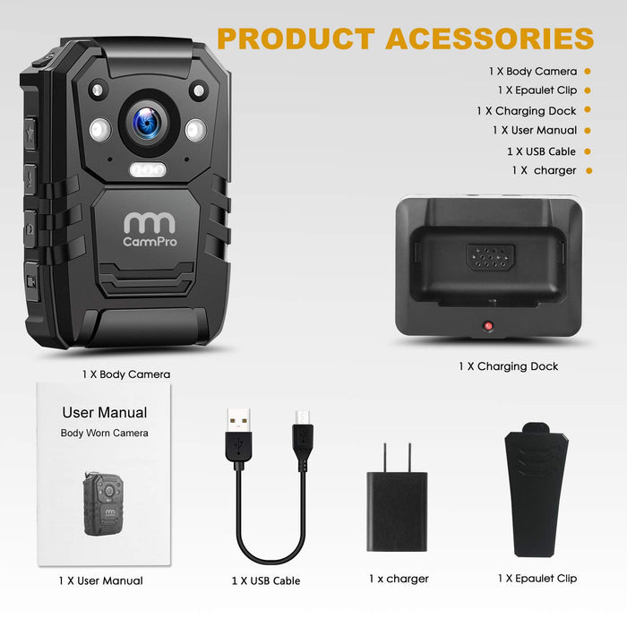 1296P HD Police Body Camera,64G Memory,CammPro I826 Premium Portable Body Camera,Waterproof Body-Worn Camera,Night Vision,GPS for Law Enforcement Recorder,Security Guards,Personal Use1