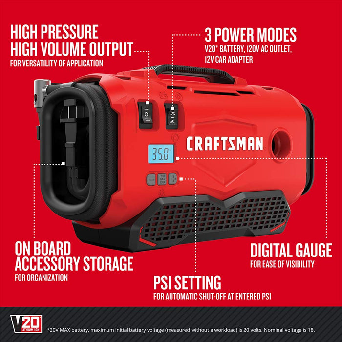 CRAFTSMAN V20 Tire Inflator, Portable Air Compressor, 3 Modes: Cordless, 120V Corded, and 12V Car Adapter, Air Pump, Battery Sold Separately (CMCE520B)