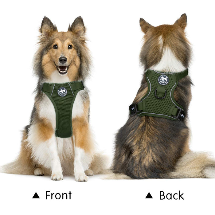 PoyPet Reflective Soft Breathable Mesh Dog Harness Choke-Free Double Padded Vest with Adjustable Neck and Chest(Military Green,S)