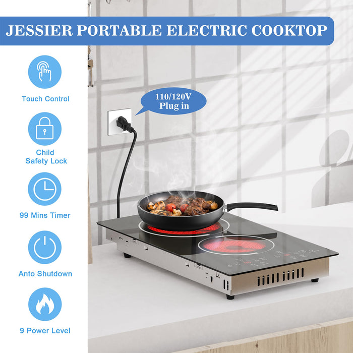 Jessier 12 Inch Electric Cooktop - 2 Burner Countertop & Built-in Electric Stove Top, 120V Plug in Electric Cook Top, Timer, Safety Lock, Over-Temperature Protection, Sensor Touch Control