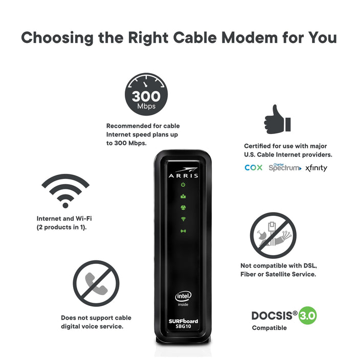 ARRIS SURFboard SBG10 DOCSIS 3.0 16 x 4 Gigabit Cable Modem & AC1600 Wi-Fi Router , Comcast Xfinity, Cox, Spectrum, 400 Mbps Max Internet Speeds