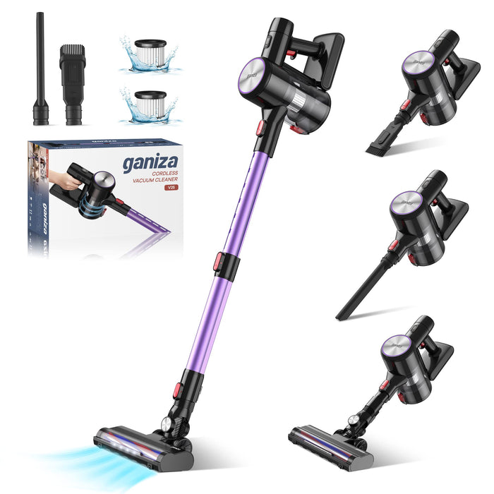 Ganiza Cordless Vacuum Cleaner, Stick Vacuum 28Kpa Powerful Suction Hi-Speed Brushless Motor Up to 45 Minutes Runtime, 6-in-1 V25 Lightweight Vacuum LED Headlight for Floor Carpet Pet Hair