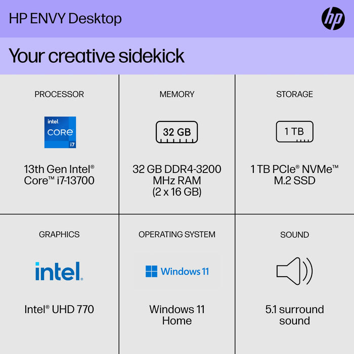 HP Envy Desktop PC, 13th Generation Intel Core i7-13700, 32 GB RAM, 1 TB SSD, Intel UHD Graphics 770, Windows 11 Home, TE01-4020 (2023)