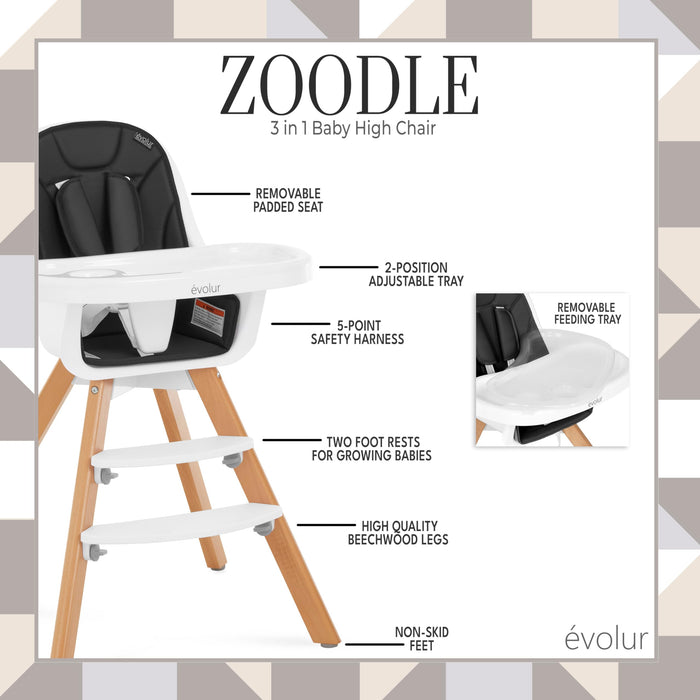 Evolur Zoodle 2 in 1 Convertible Baby High Chair in Black, Easy to Clean, Adjustable and Removable Tray, Compact and Portable High Chair, Foldable High Chair with Adjustable Footrest