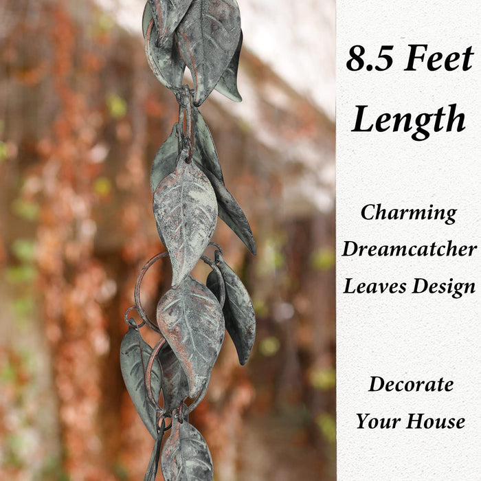 Aifeorzo 8.5 FT Rain Chain, Rain Chains for Gutters, Metal Rain Chain Downspouts, Circle with Leaves Rain Gutter Chains, Metal Rain Catcher for Outside, Decorative Your House and Garden, Verdigris