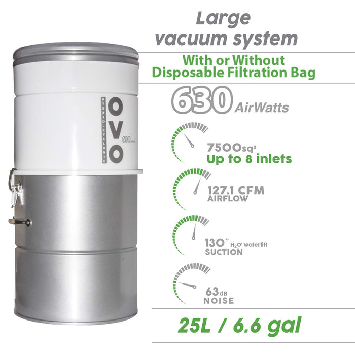 OVO Large and Powerful Central Vacuum System, Hybrid Filtration (with or Without Disposable Bags), 25L or 6.6 Gal, 630 Air watts + 30 ft Deluxe Accessory Kit Included