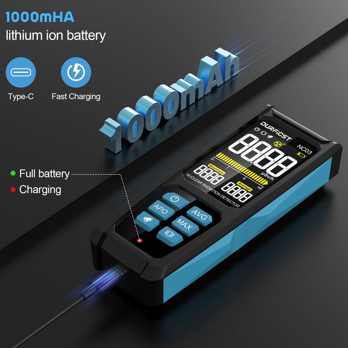 Geiger Counter, DURFICST Nuclear Detector, 3" HD Color Screen Radiation Dosimeter, 1000mAH Rechargeable, Portable X/γ/β Radiation Monitor with Intelligent Alarms