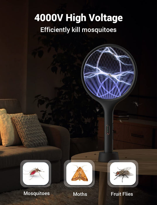 YISSVIC Electric Fly Swatter 4000V Bug Zapper Racket Dual Modes Mosquito Killer with Purple Mosquito Light Rechargeable for Indoor Home Office Backyard Patio Camping (Black 1 Pack)